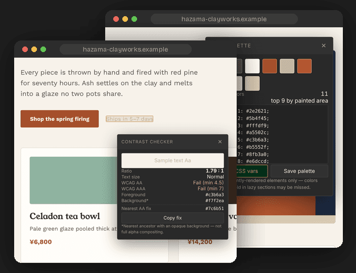 Mitsukeru's contrast checker and page palette open on a demo pottery shop site