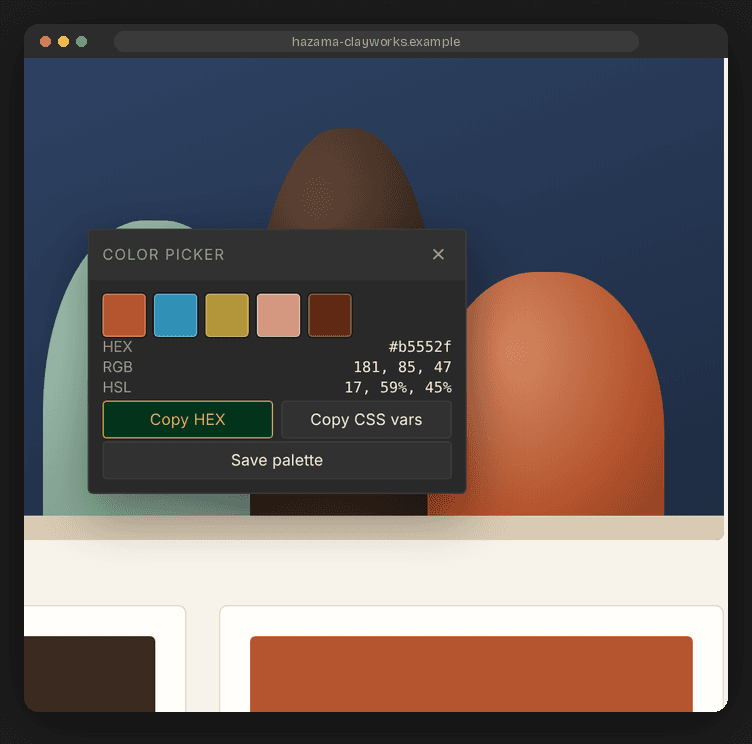 Mitsukeru's color picker showing a picked color in HEX, RGB and HSL with a generated palette