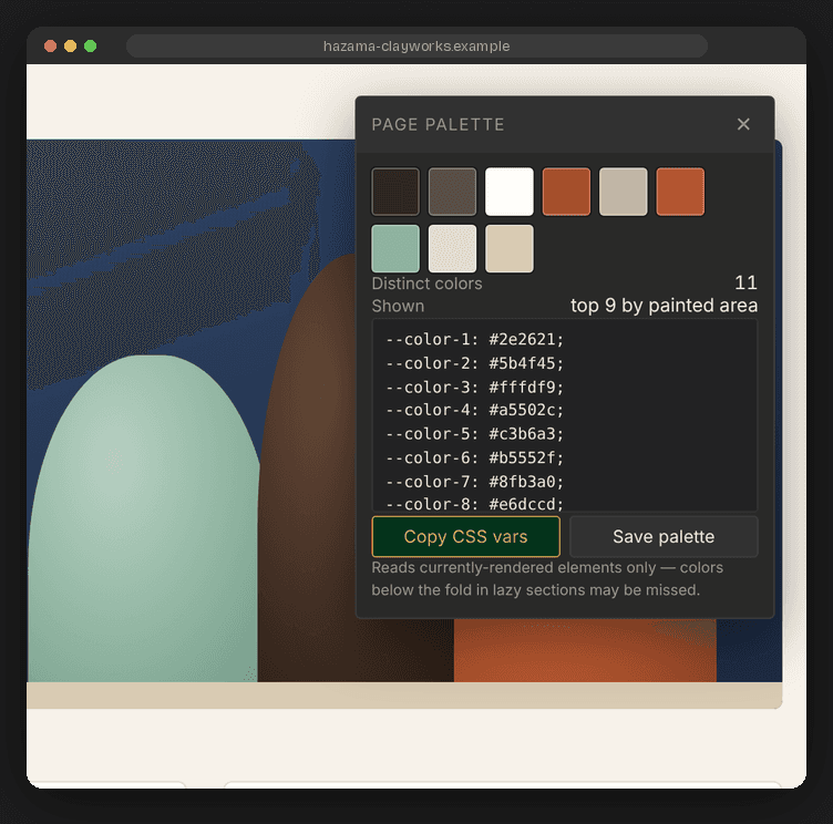 Mitsukeru's page palette listing a site's colors ranked by painted area, as CSS variables